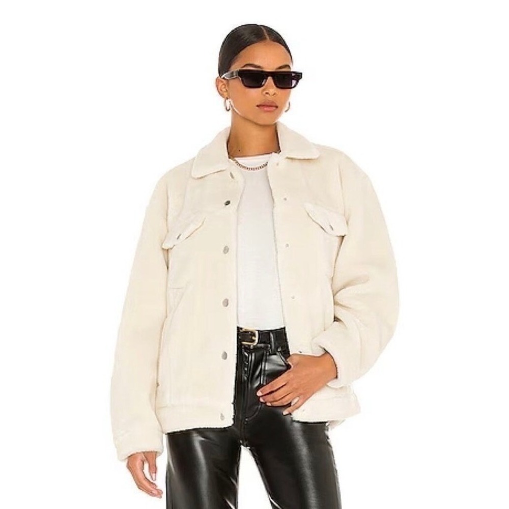 Anine Bing Rory Jacket Cream Faux Fur Teddy Trucker Coat Small AB Monogram